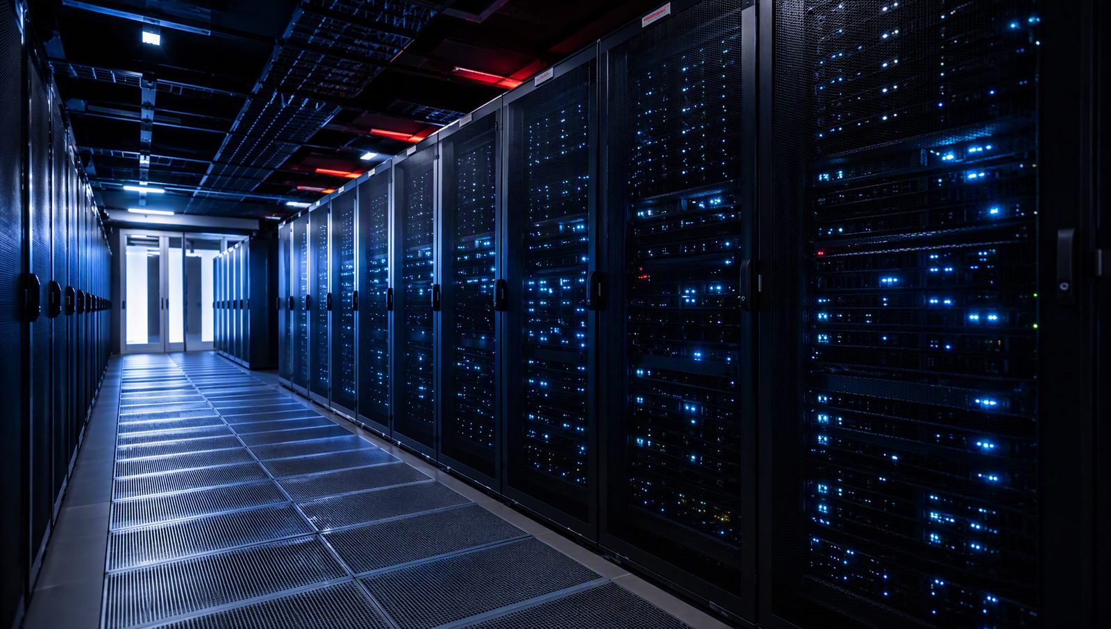 Allée de racks serveurs dans un datacenter moderne